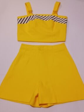 Vintage Yellow Striped Trim Crop Top And High Waisted Shorts Set